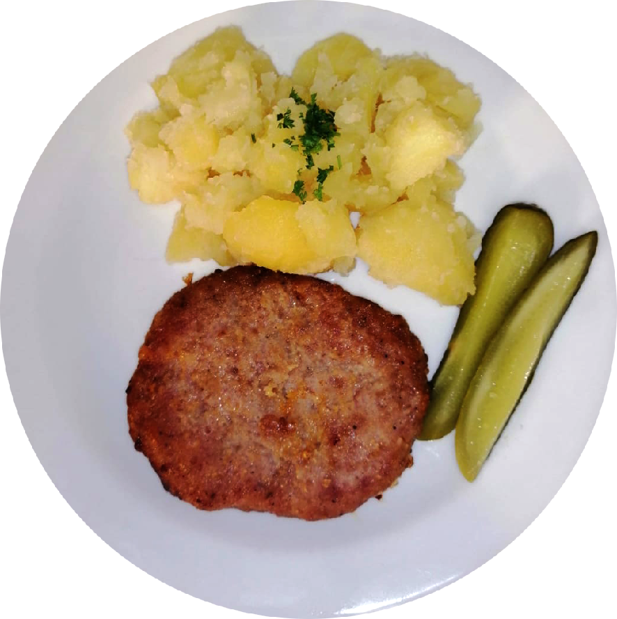 Holandský řízek - vařené brambory, okurka
